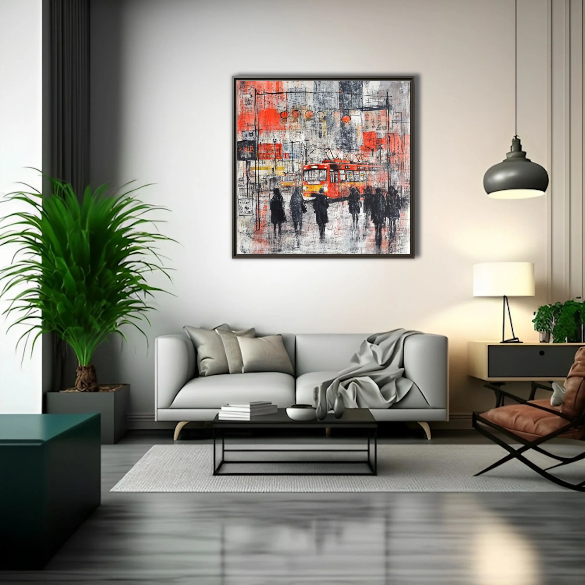Abstract Chinese city street scene with red tram, lanterns, and silhouetted figures in ink and mixed-media style