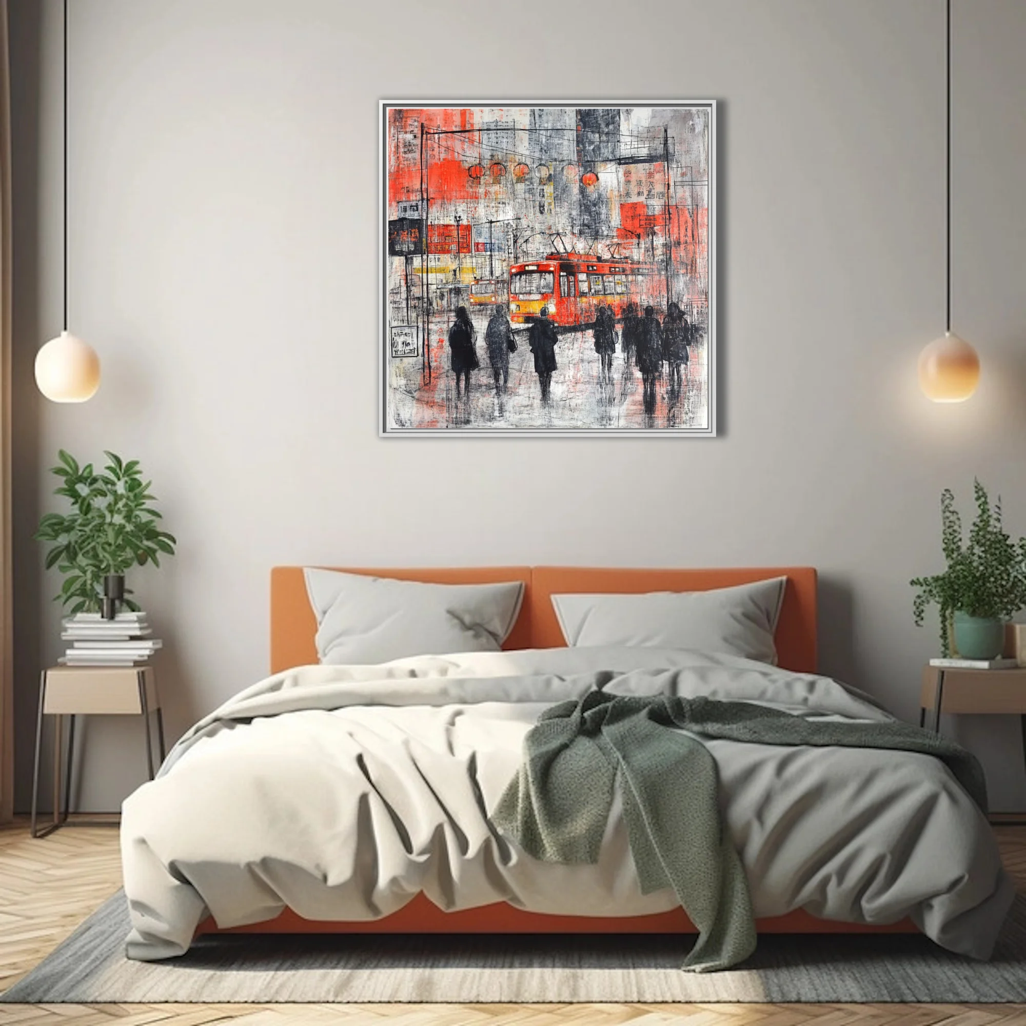 Abstract Chinese city street scene with red tram, lanterns, and silhouetted figures in ink and mixed-media style