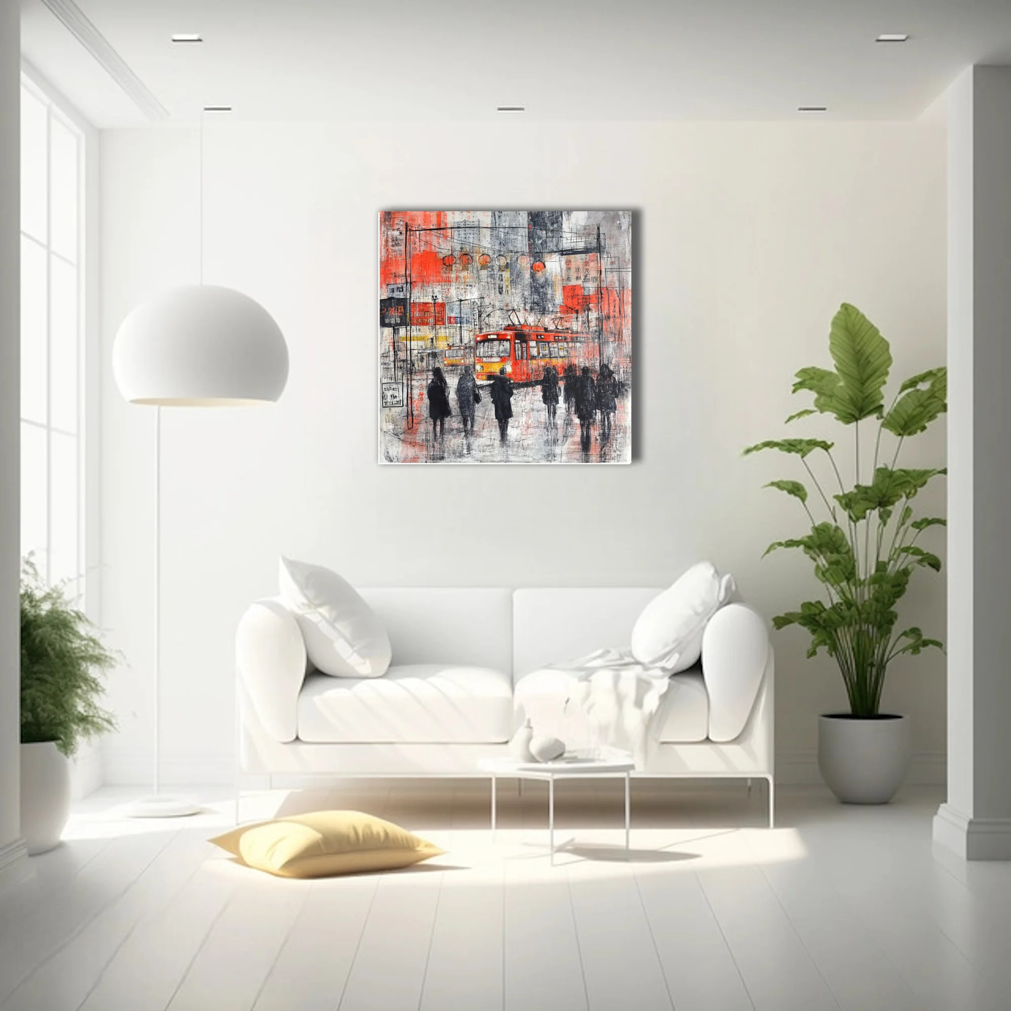Abstract Chinese city street scene with red tram, lanterns, and silhouetted figures in ink and mixed-media style