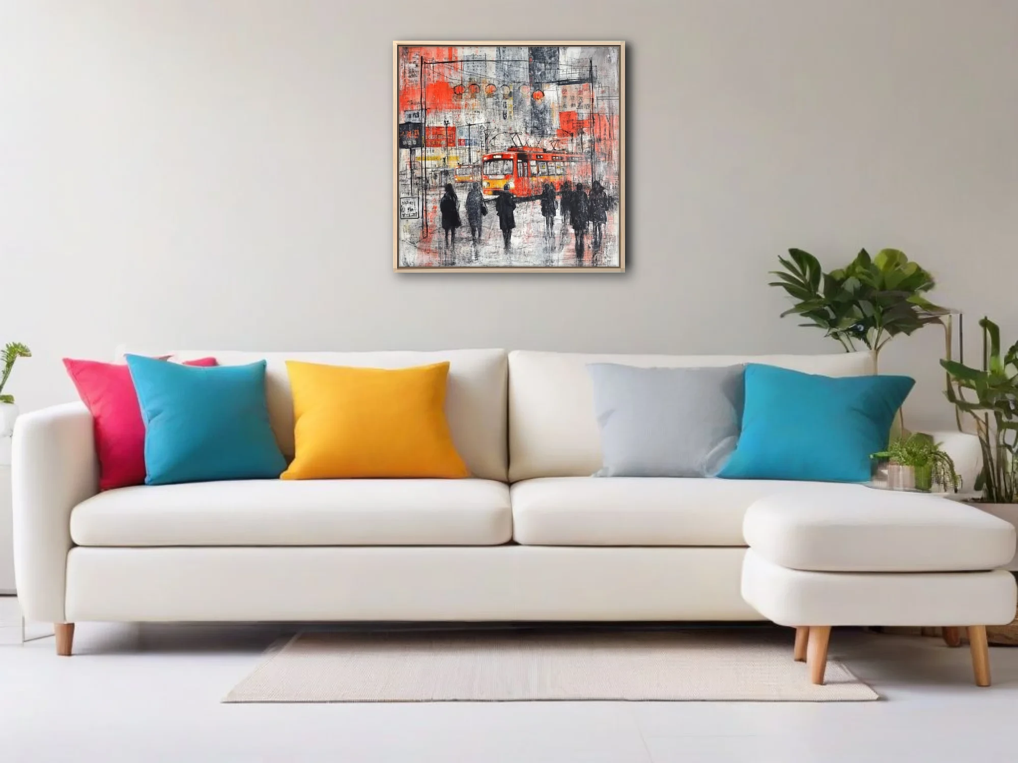 Abstract Chinese city street scene with red tram, lanterns, and silhouetted figures in ink and mixed-media style