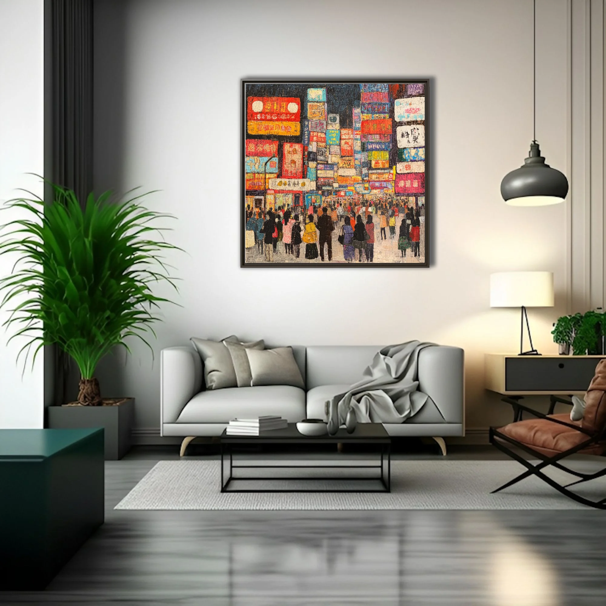 Vibrant textured cityscape of a bustling Chinese street at night with neon signs and silhouetted crowds