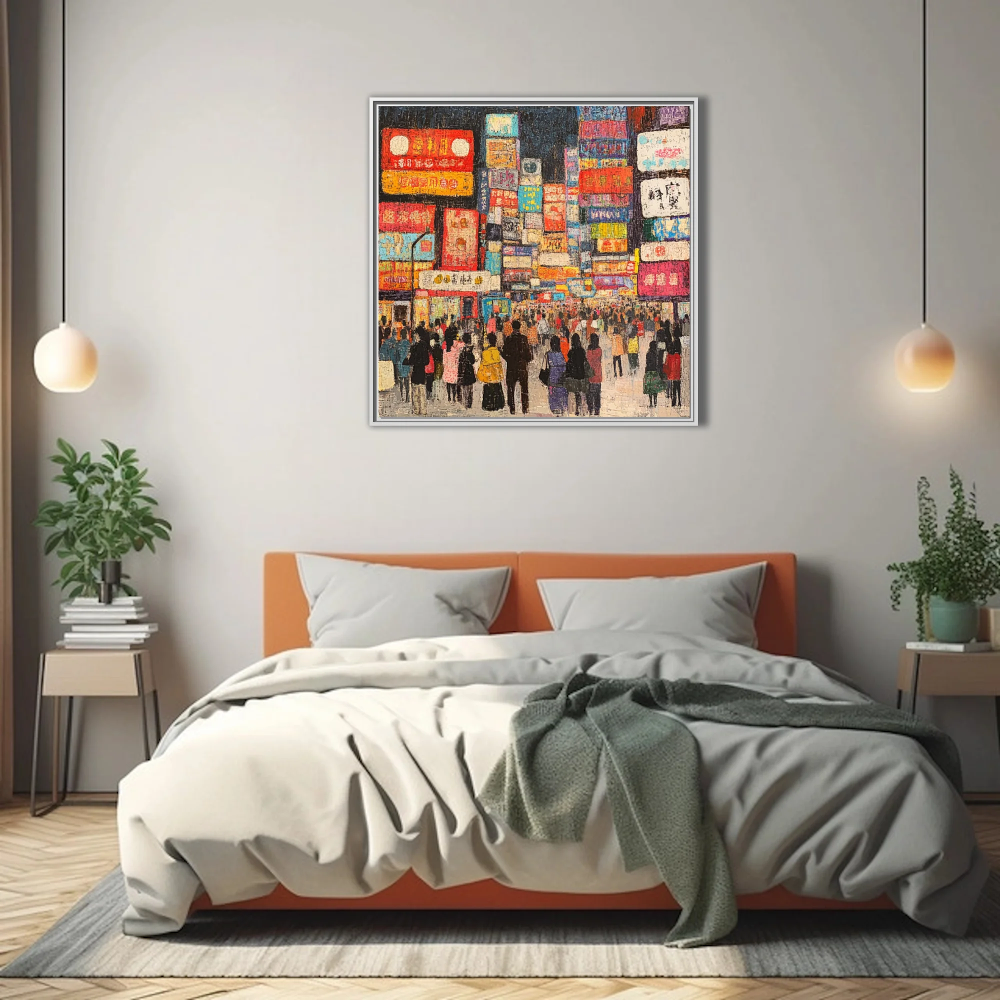 Vibrant textured cityscape of a bustling Chinese street at night with neon signs and silhouetted crowds