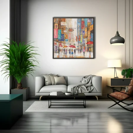 Vibrant Asian city street scene with umbrellas and colorful signage in textured mixed-media style