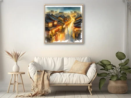 Watercolor-style Asian night cityscape, glowing lanterns, tiled rooftops, modern skyline