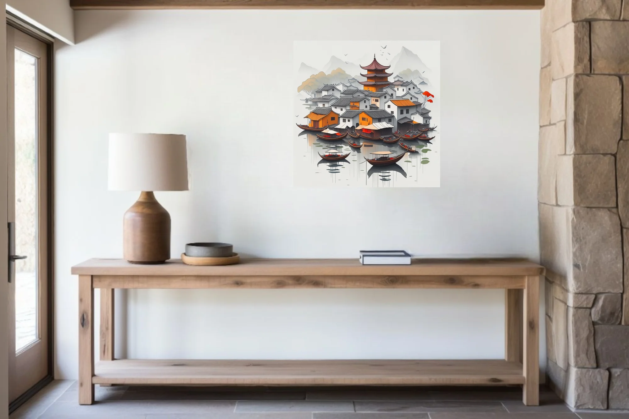 Chinese ink-style riverside village with pagoda, traditional rooftops, and moored boats