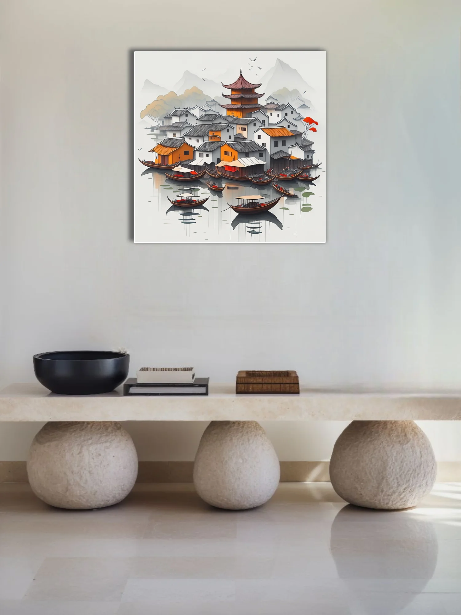 Chinese ink-style riverside village with pagoda, traditional rooftops, and moored boats