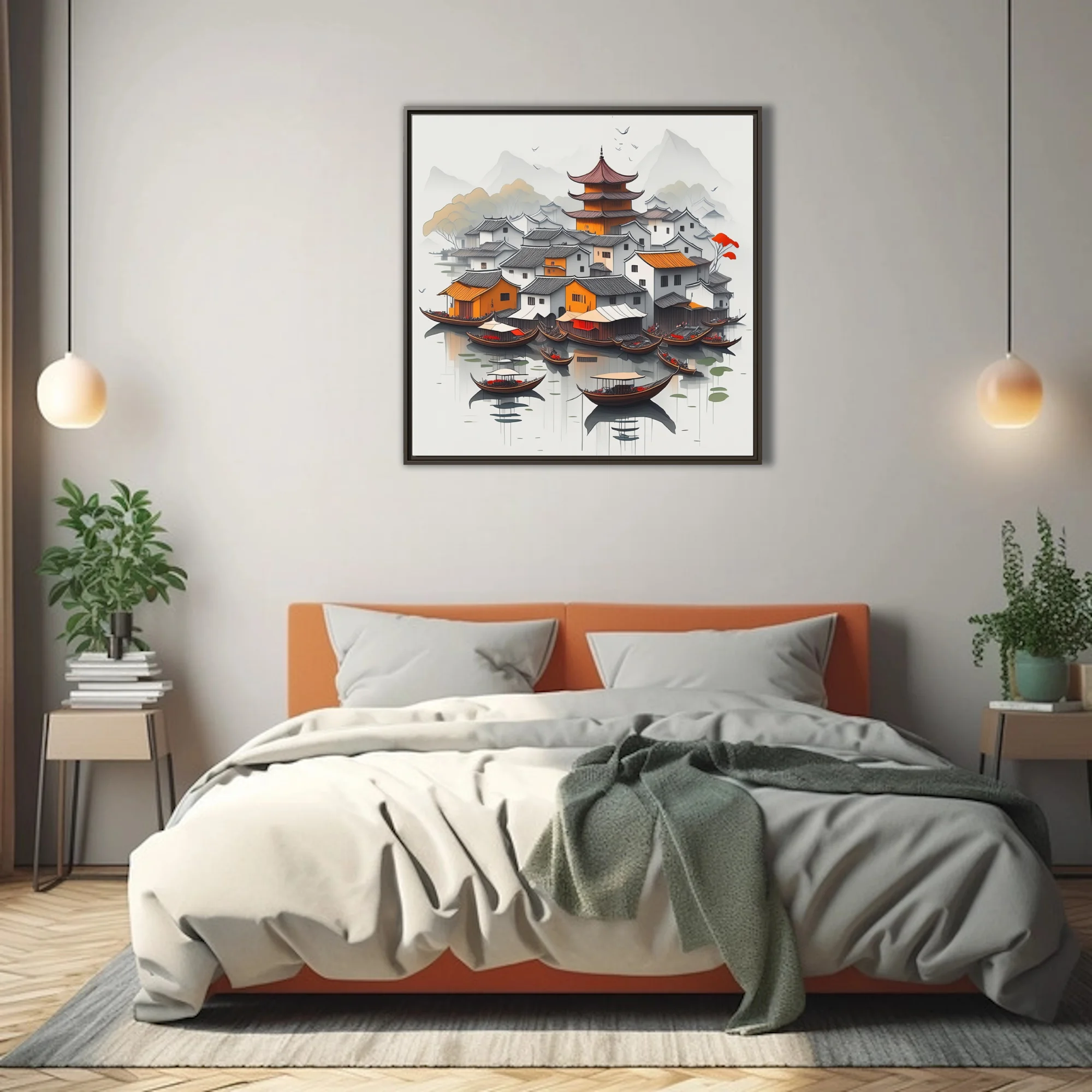 Chinese ink-style riverside village with pagoda, traditional rooftops, and moored boats