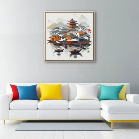 Chinese ink-style riverside village with pagoda, traditional rooftops, and moored boats