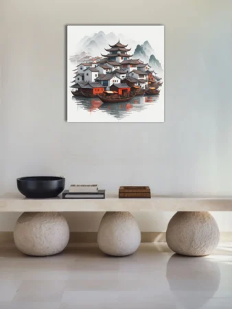 Ink-wash-style Chinese waterfront village, tiered rooftops, misty mountains, warm terracotta tones