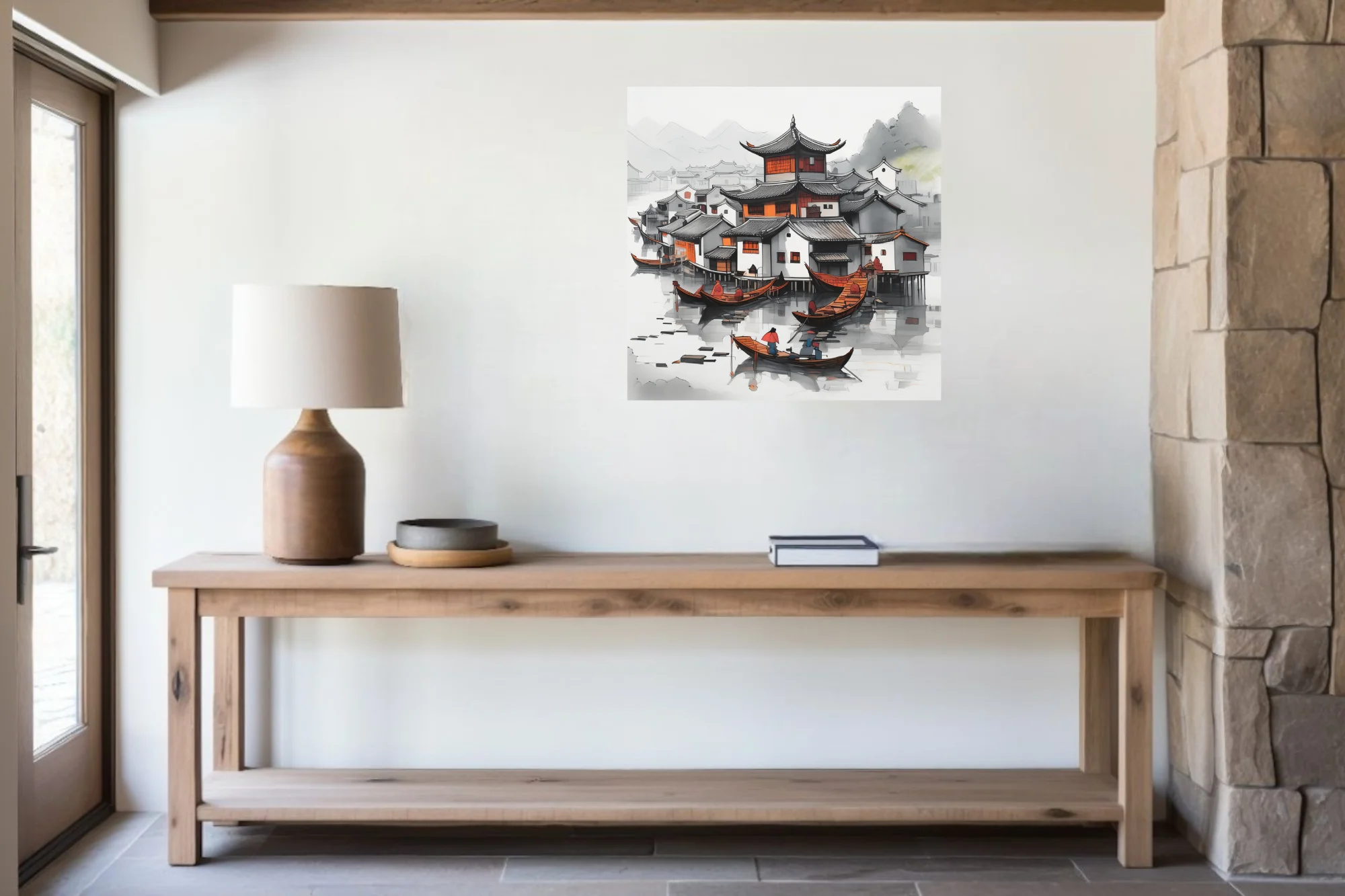Chinese ink-style harbor village with traditional rooftops, boats, and orange accents
