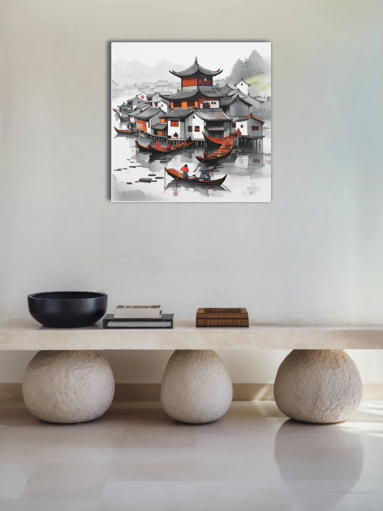 Chinese ink-style harbor village with traditional rooftops, boats, and orange accents