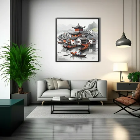 Chinese ink-style harbor village with traditional rooftops, boats, and orange accents