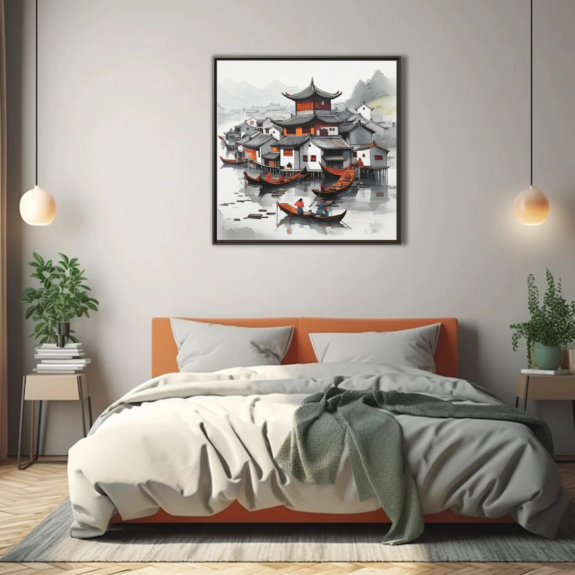 Chinese ink-style harbor village with traditional rooftops, boats, and orange accents