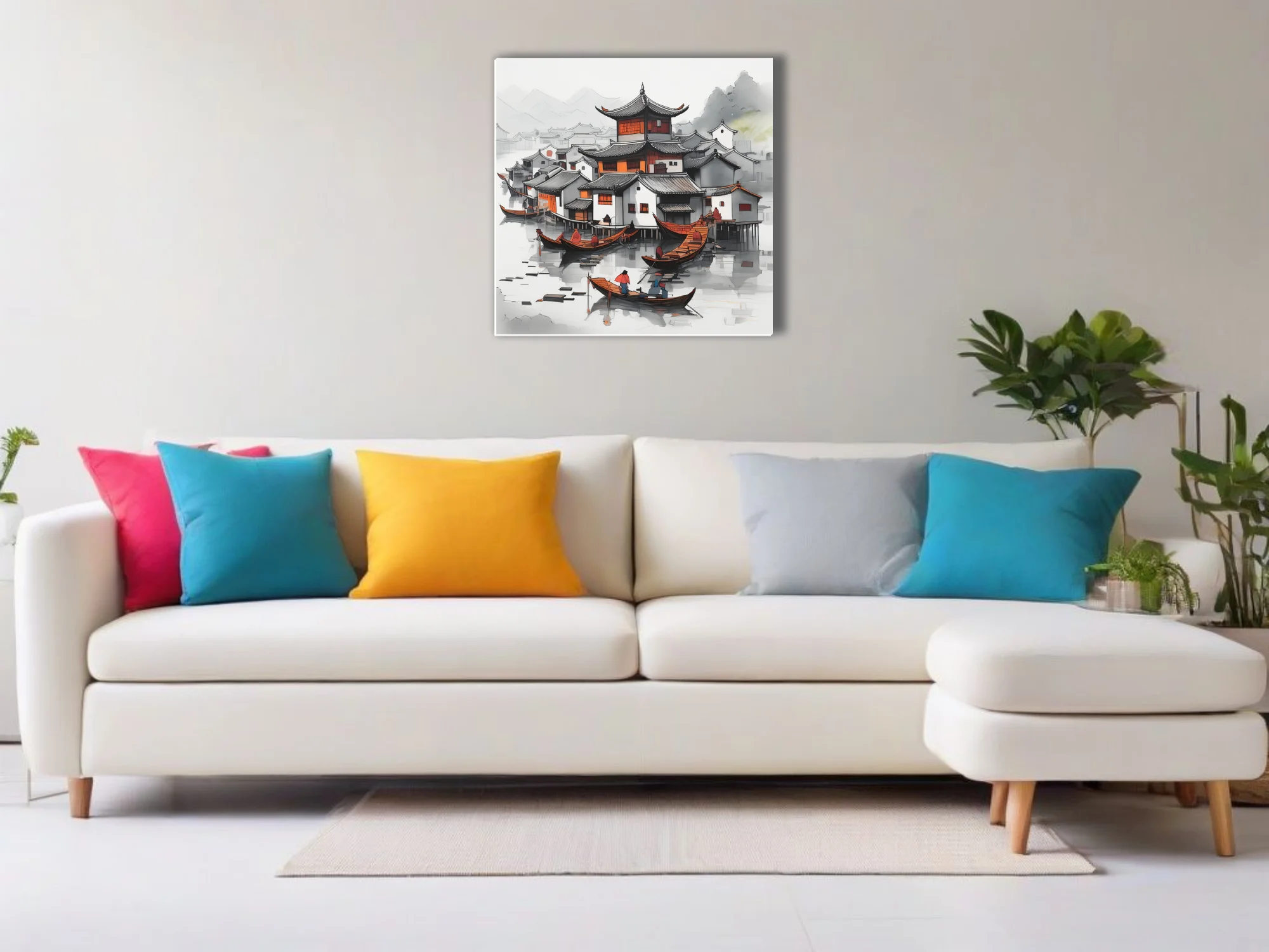 Chinese ink-style harbor village with traditional rooftops, boats, and orange accents