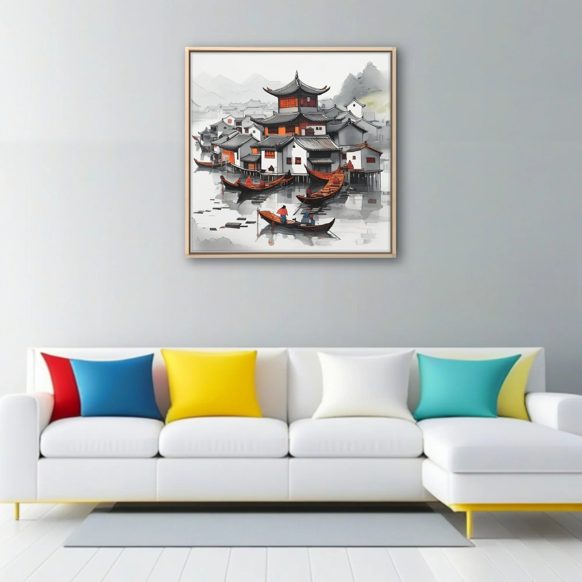 Chinese ink-style harbor village with traditional rooftops, boats, and orange accents