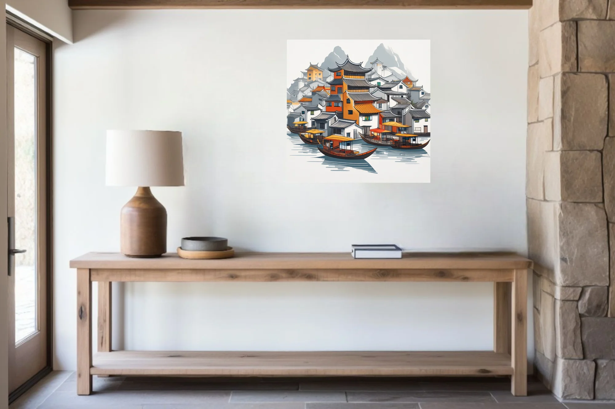 Graphic ink-style Chinese water town with traditional rooftops, boats, and misty mountains