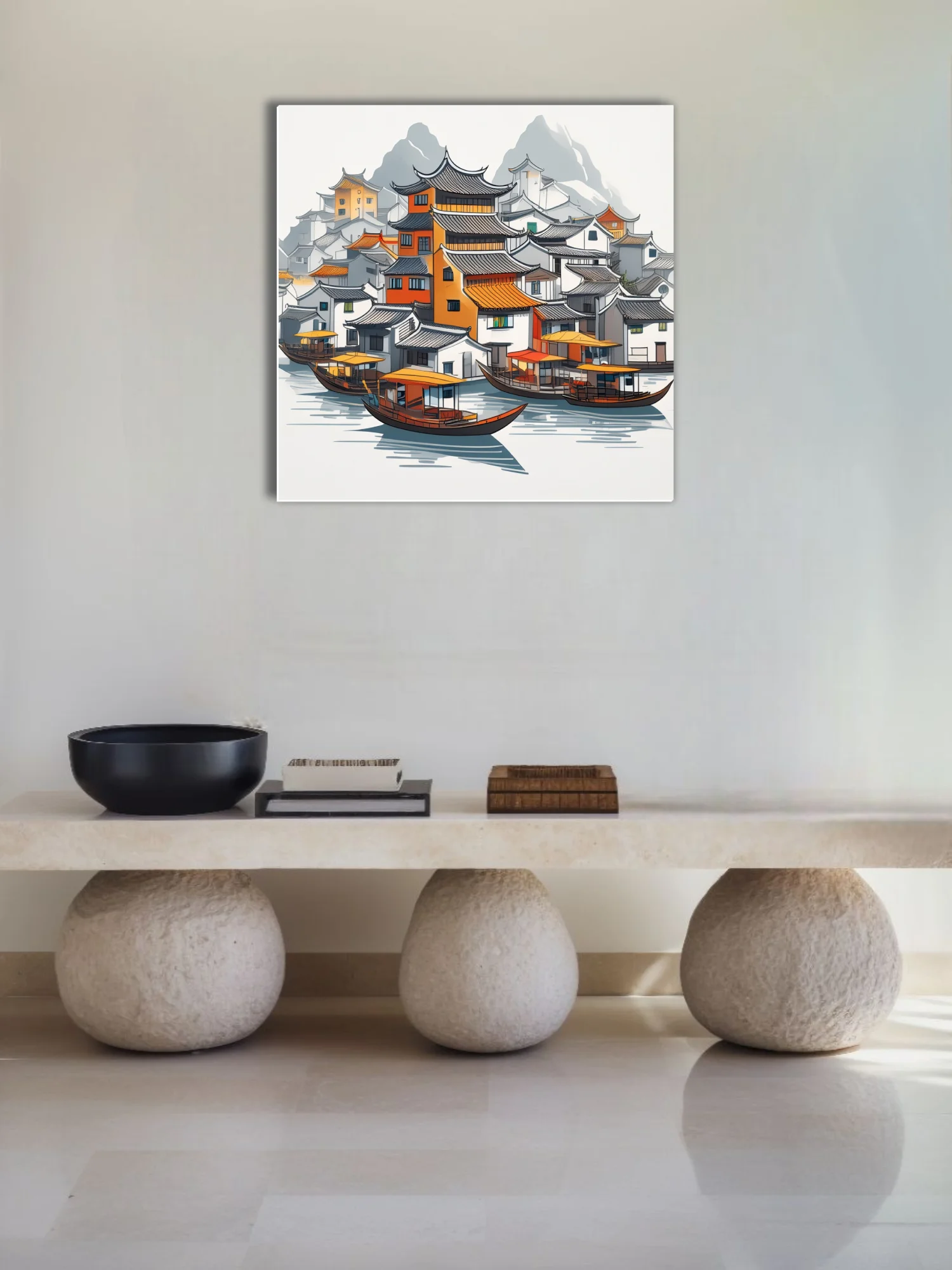 Graphic ink-style Chinese water town with traditional rooftops, boats, and misty mountains