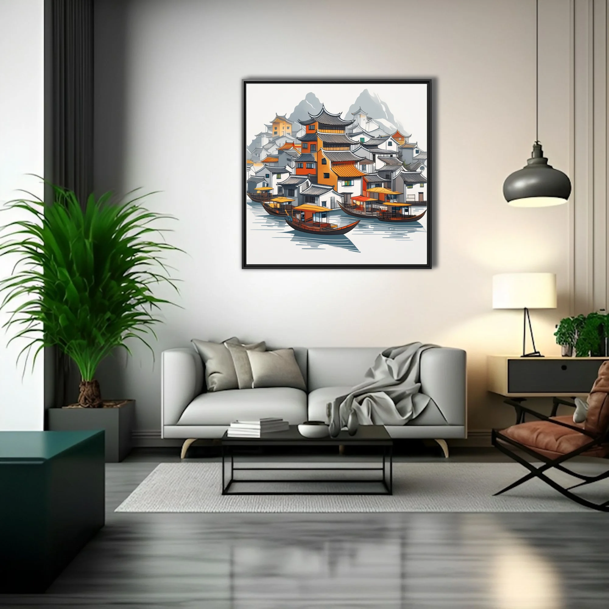 Graphic ink-style Chinese water town with traditional rooftops, boats, and misty mountains