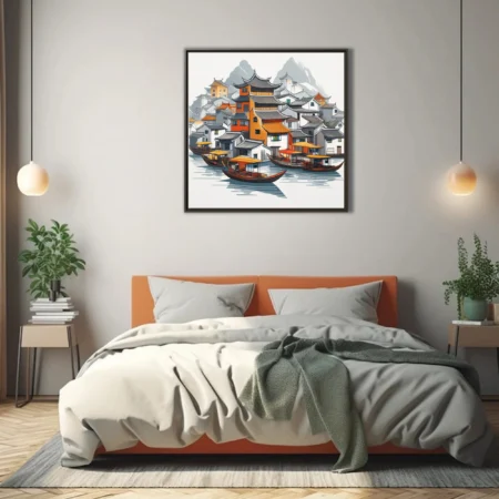 Graphic ink-style Chinese water town with traditional rooftops, boats, and misty mountains