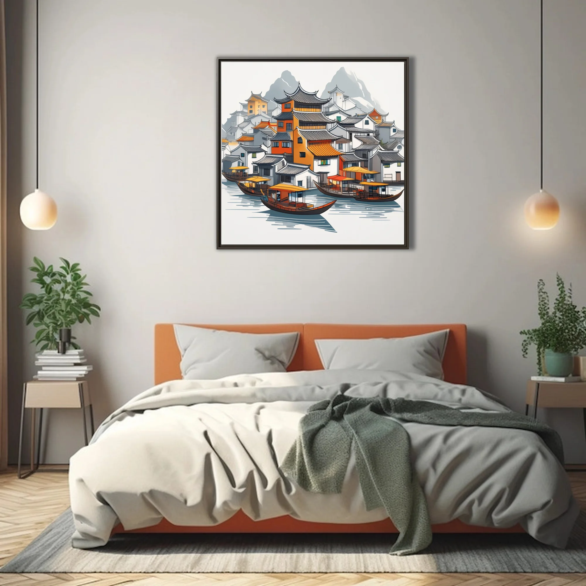 Graphic ink-style Chinese water town with traditional rooftops, boats, and misty mountains