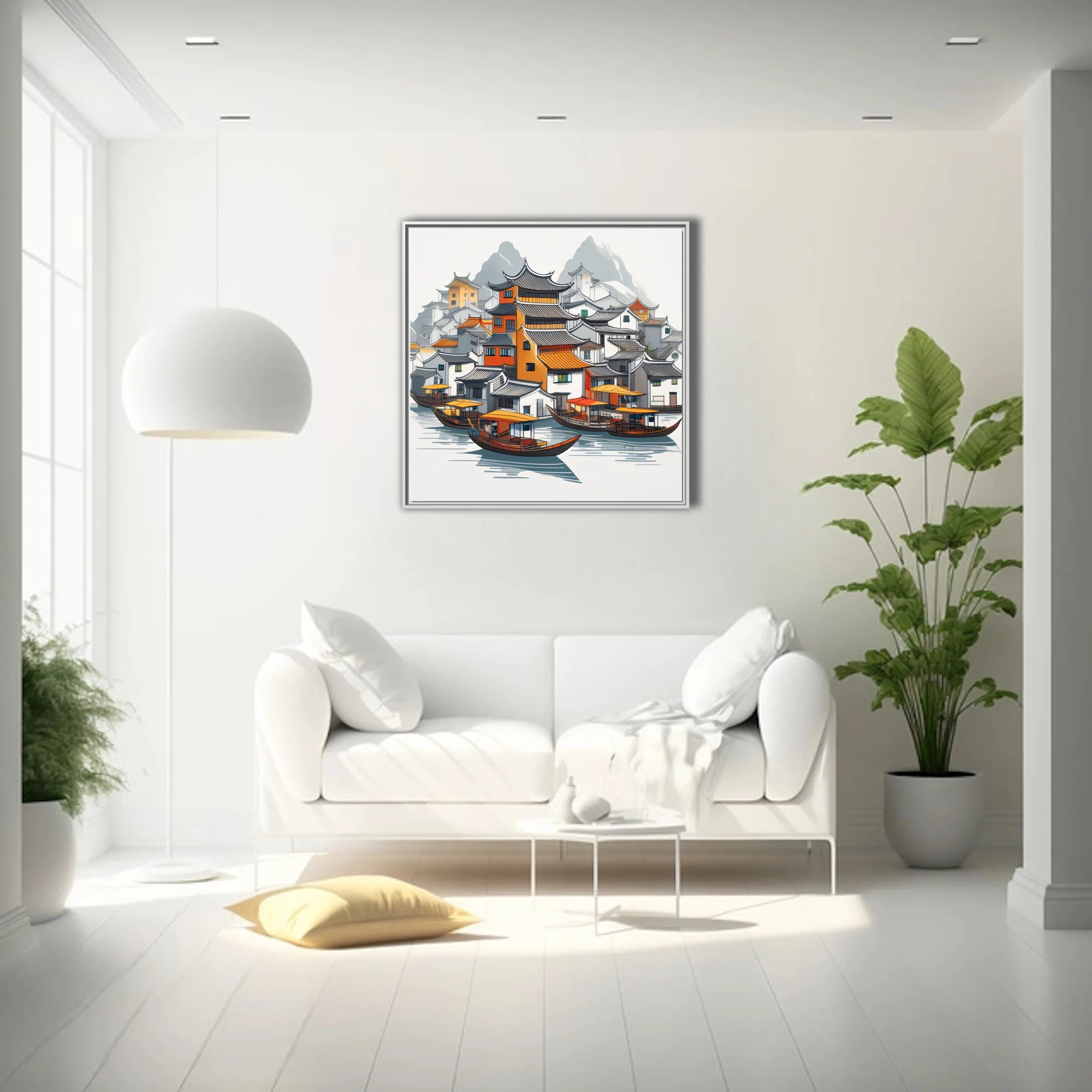 Graphic ink-style Chinese water town with traditional rooftops, boats, and misty mountains