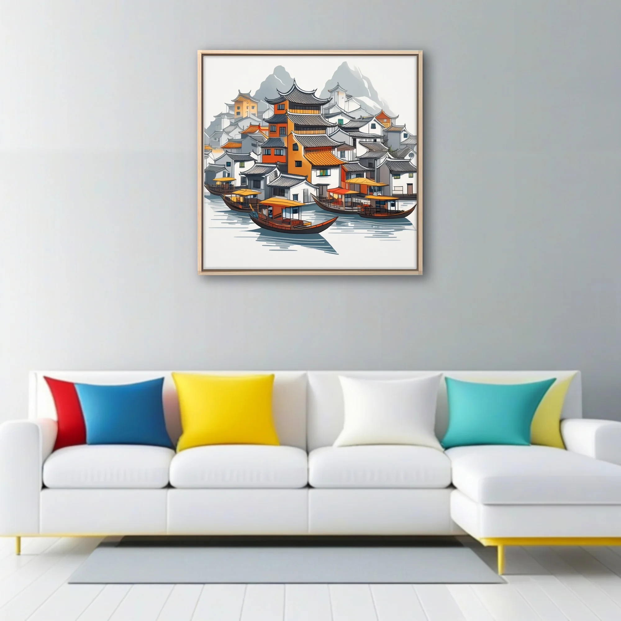 Graphic ink-style Chinese water town with traditional rooftops, boats, and misty mountains