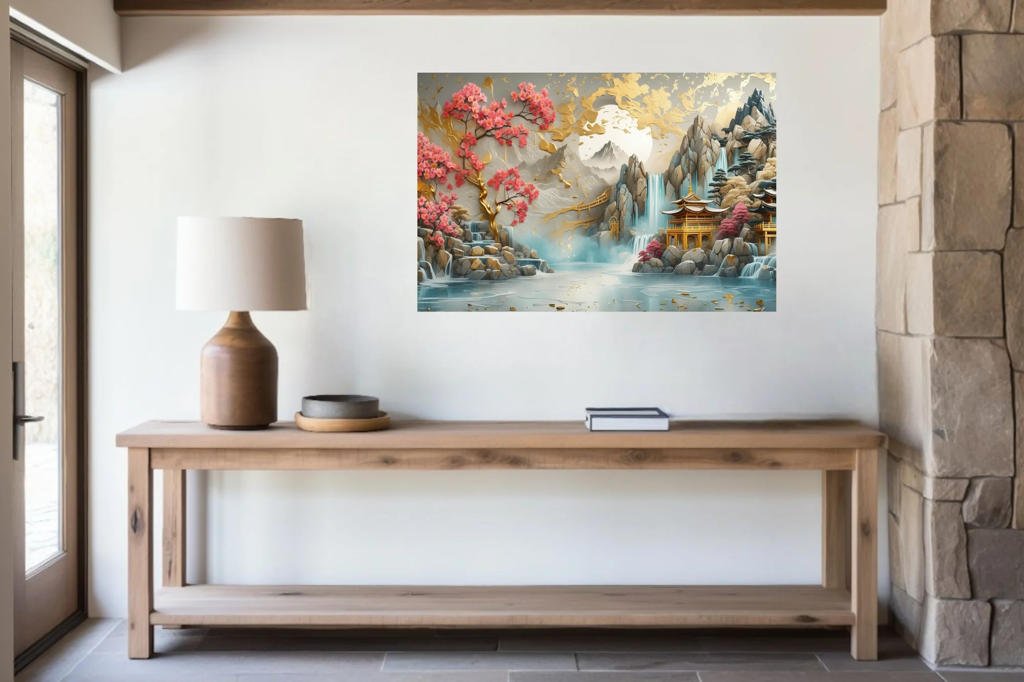 Ornate Chinese-style landscape with gold accents, pink blossoms, waterfalls, and pagoda
