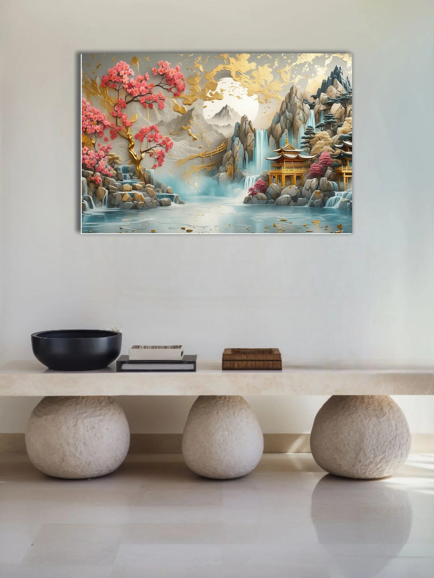 Ornate Chinese-style landscape with gold accents, pink blossoms, waterfalls, and pagoda