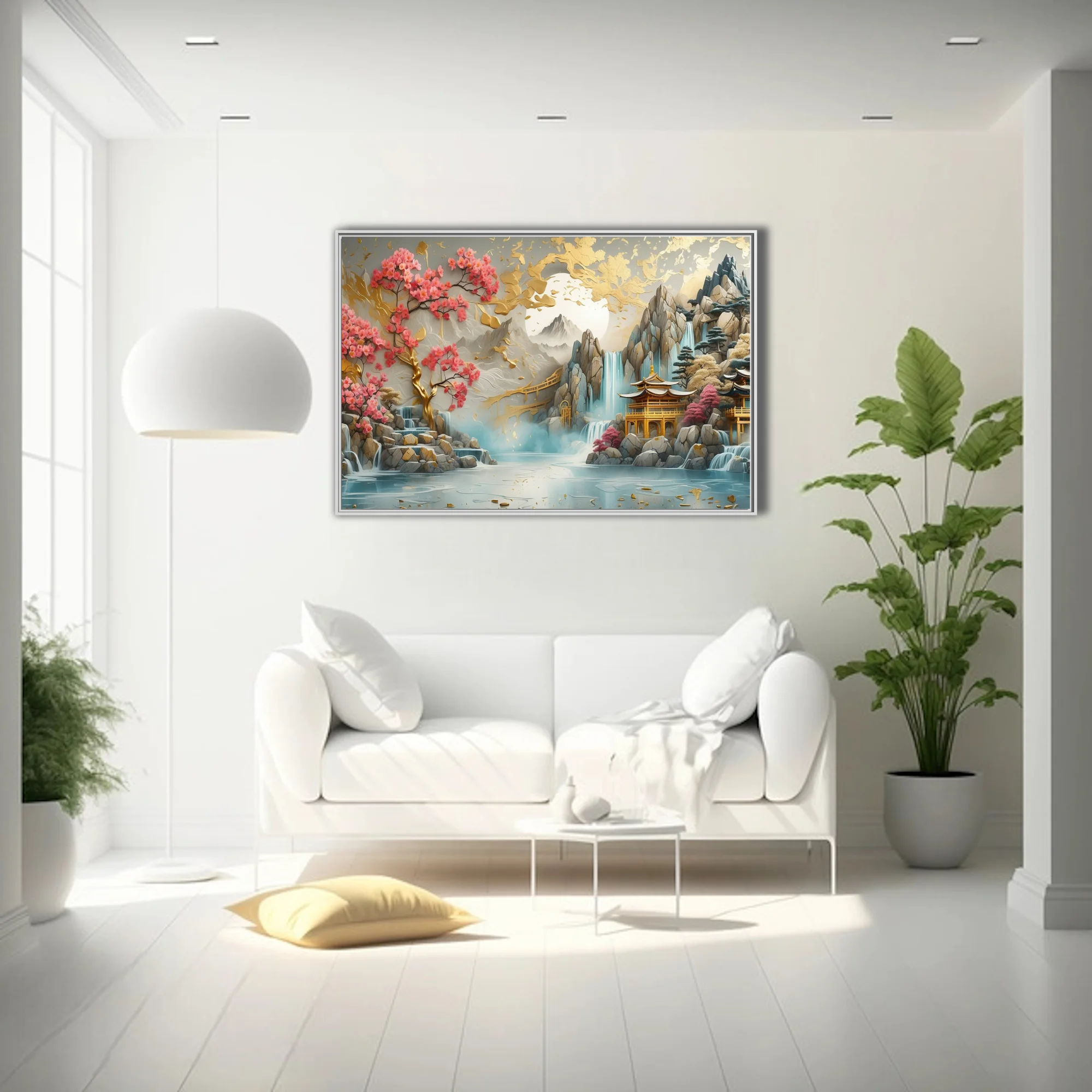 Ornate Chinese-style landscape with gold accents, pink blossoms, waterfalls, and pagoda