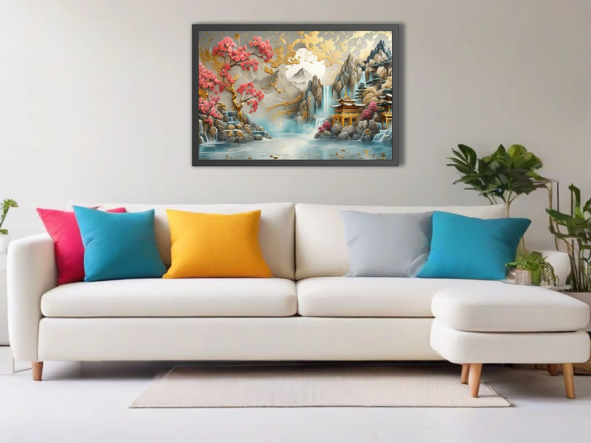 Ornate Chinese-style landscape with gold accents, pink blossoms, waterfalls, and pagoda