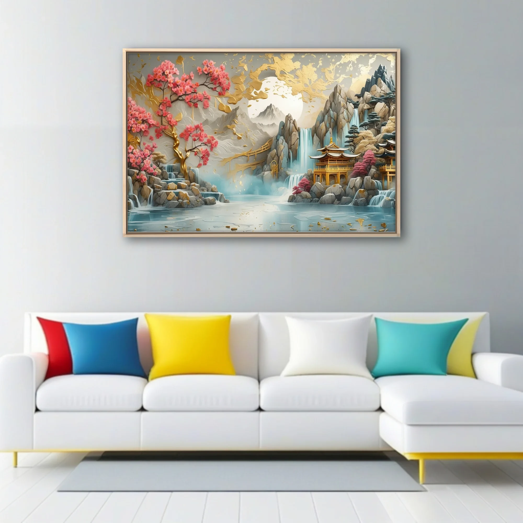 Ornate Chinese-style landscape with gold accents, pink blossoms, waterfalls, and pagoda