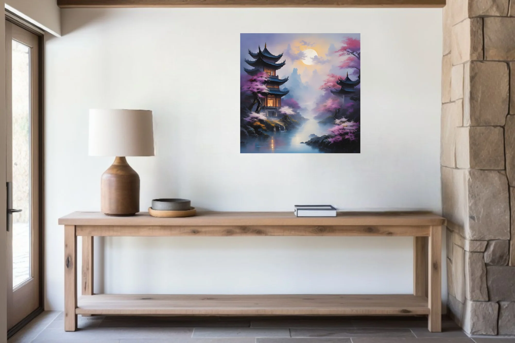 Misty East Asian pagoda landscape with cherry blossoms and luminous celestial glow