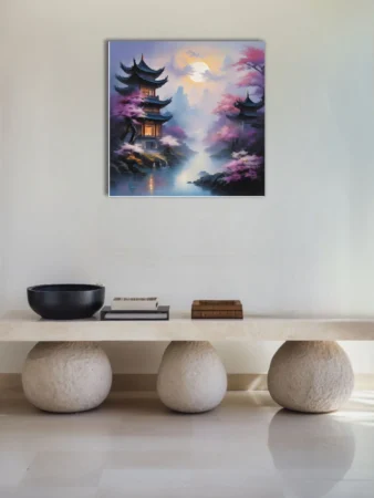 Misty East Asian pagoda landscape with cherry blossoms and luminous celestial glow