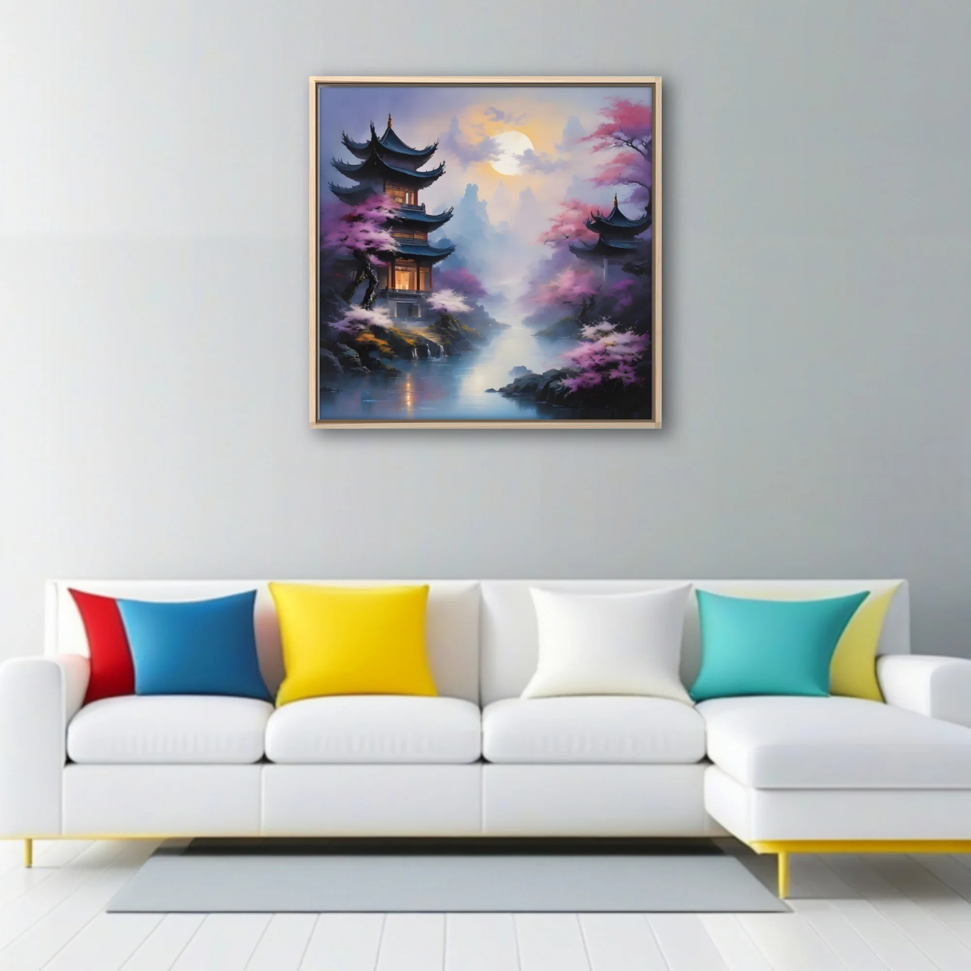 Misty East Asian pagoda landscape with cherry blossoms and luminous celestial glow