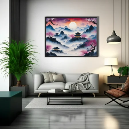 Chinese ink-wash mountain landscape with misty peaks, cherry blossoms, and glowing pavilions