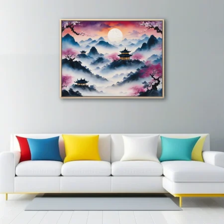 Chinese ink-wash mountain landscape with misty peaks, cherry blossoms, and glowing pavilions