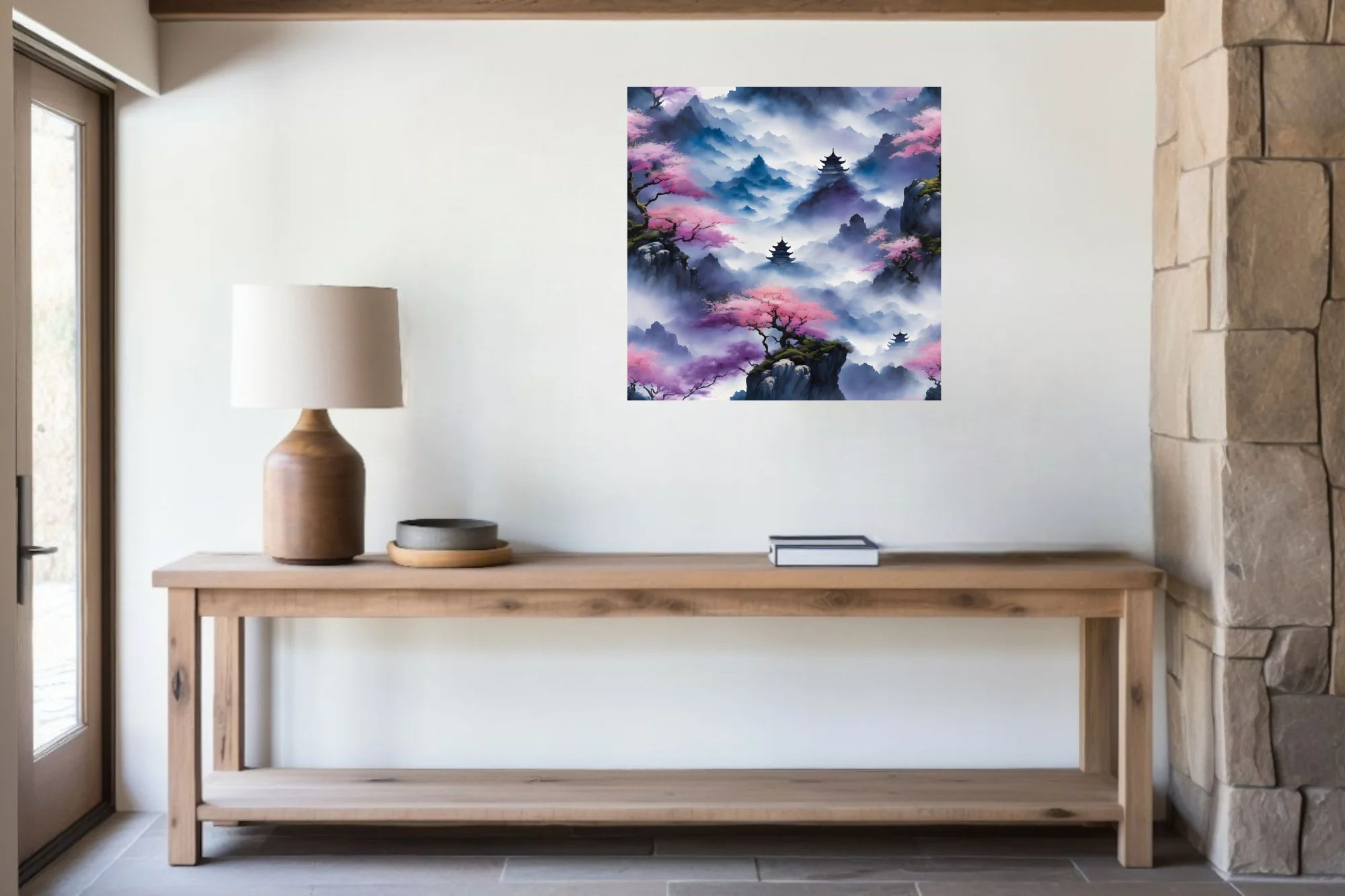 Chinese ink-wash mountain landscape with pagodas, cherry blossoms, mist, indigo and pink tones