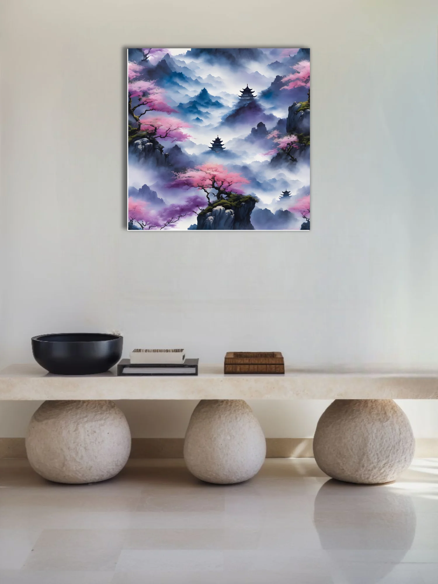 Chinese ink-wash mountain landscape with pagodas, cherry blossoms, mist, indigo and pink tones