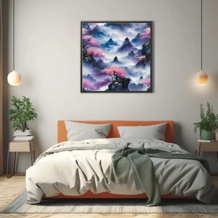 Chinese ink-wash mountain landscape with pagodas, cherry blossoms, mist, indigo and pink tones