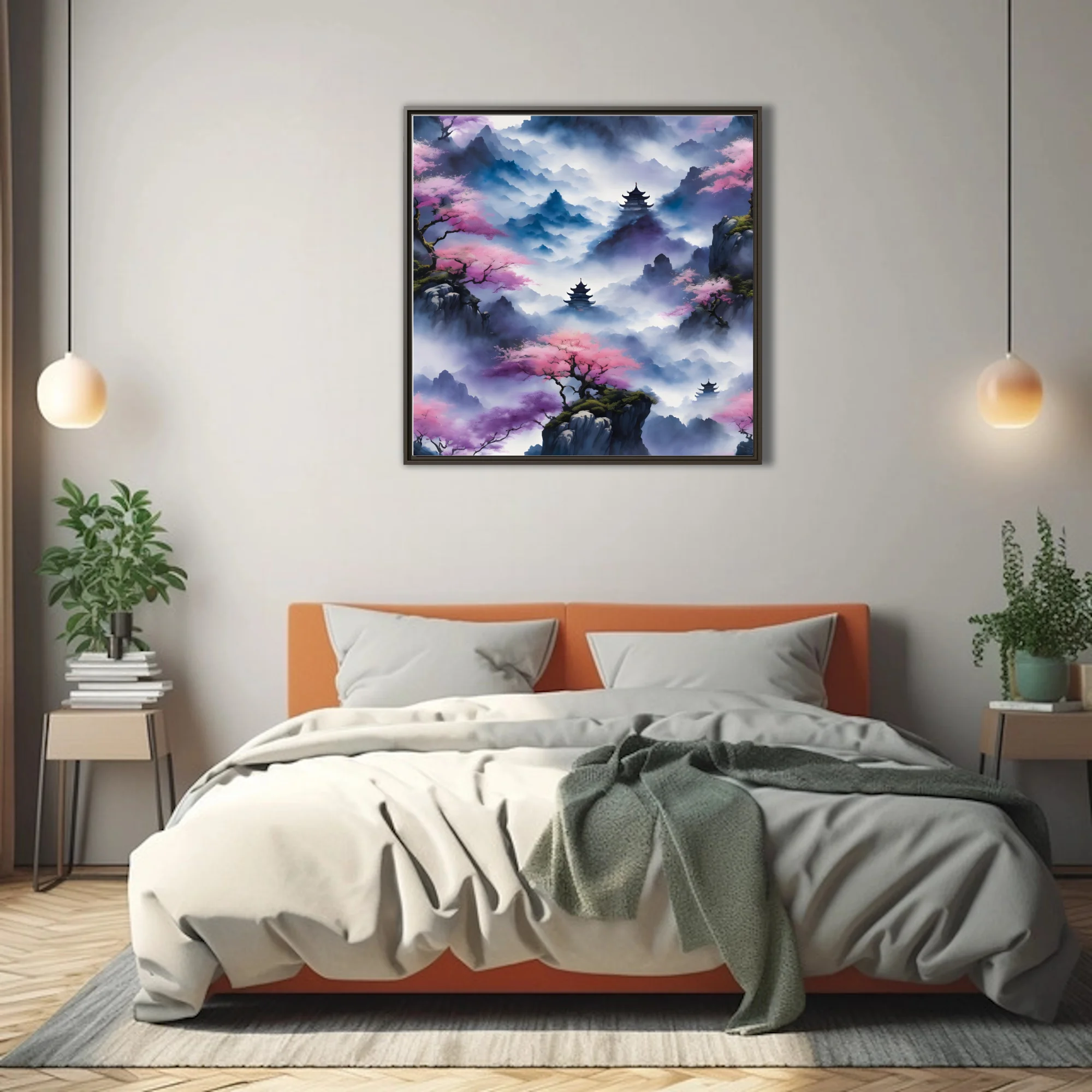 Chinese ink-wash mountain landscape with pagodas, cherry blossoms, mist, indigo and pink tones