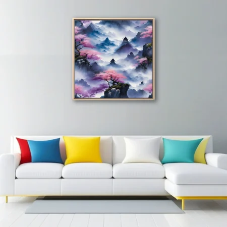 Chinese ink-wash mountain landscape with pagodas, cherry blossoms, mist, indigo and pink tones