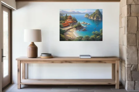 East Asian pagoda by turquoise coastal cove with rocky islets and mountain backdrop