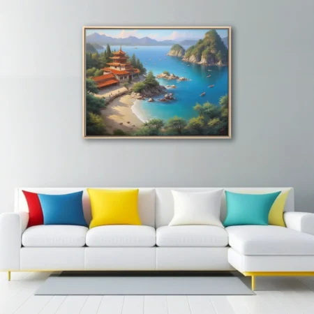 East Asian pagoda by turquoise coastal cove with rocky islets and mountain backdrop