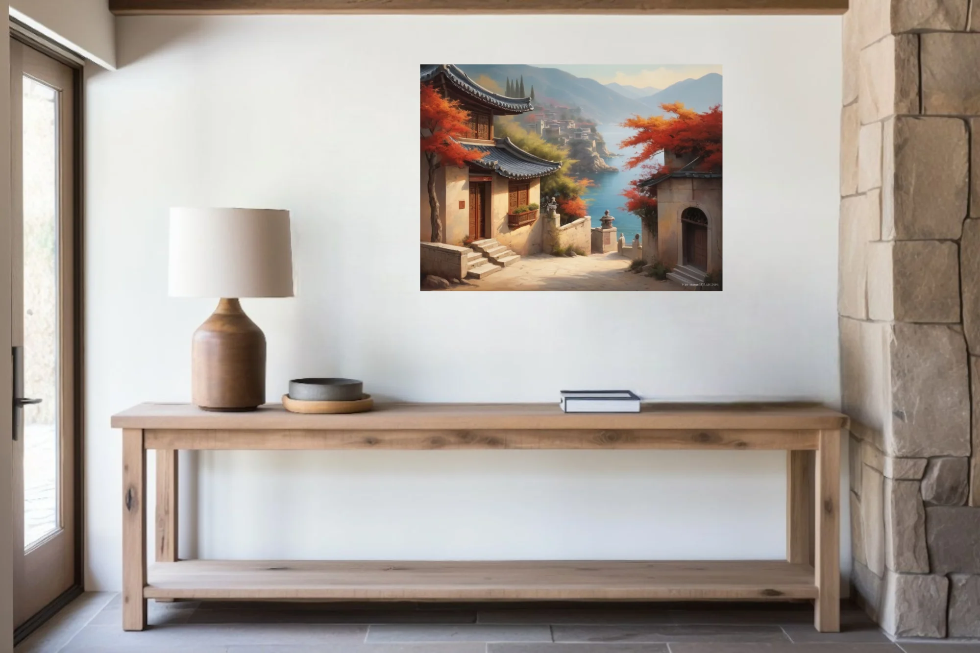 East Asian coastal village with autumn foliage and blue bay
