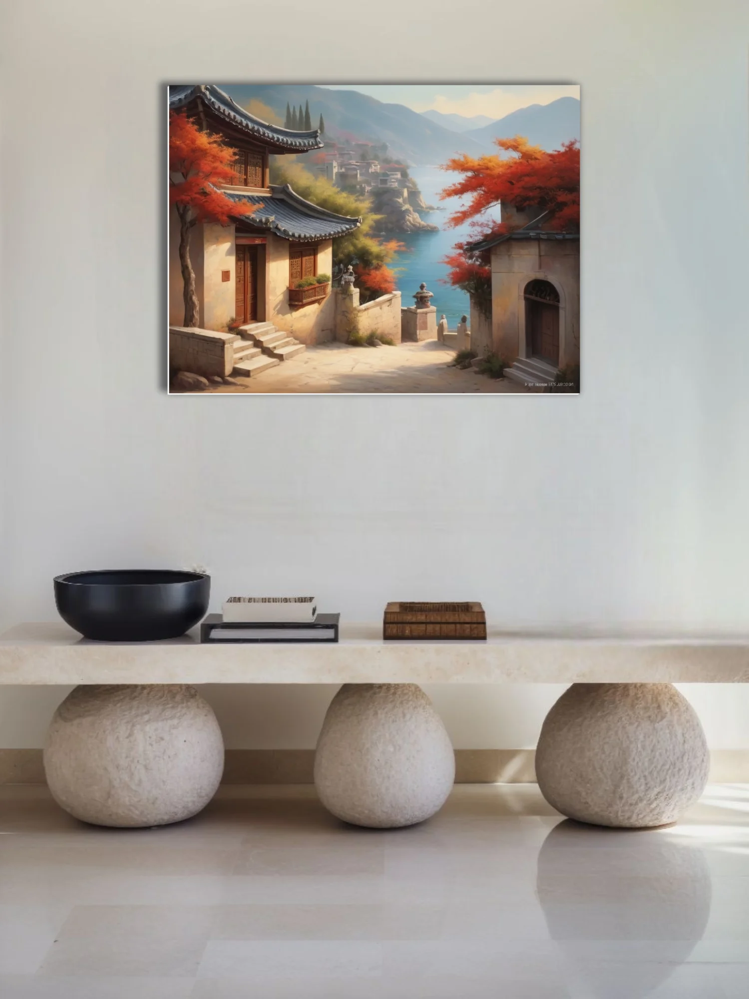 East Asian coastal village with autumn foliage and blue bay