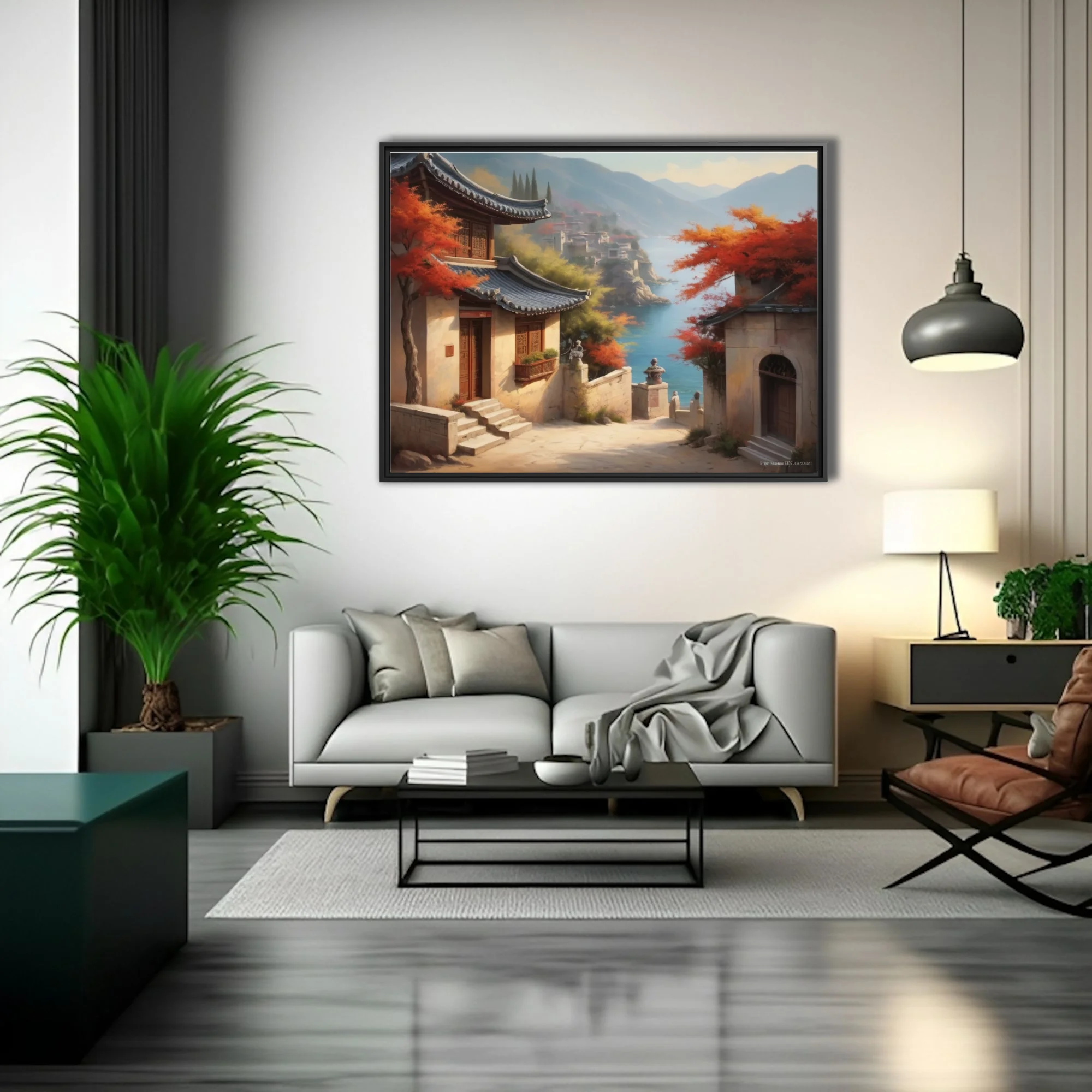 East Asian coastal village with autumn foliage and blue bay