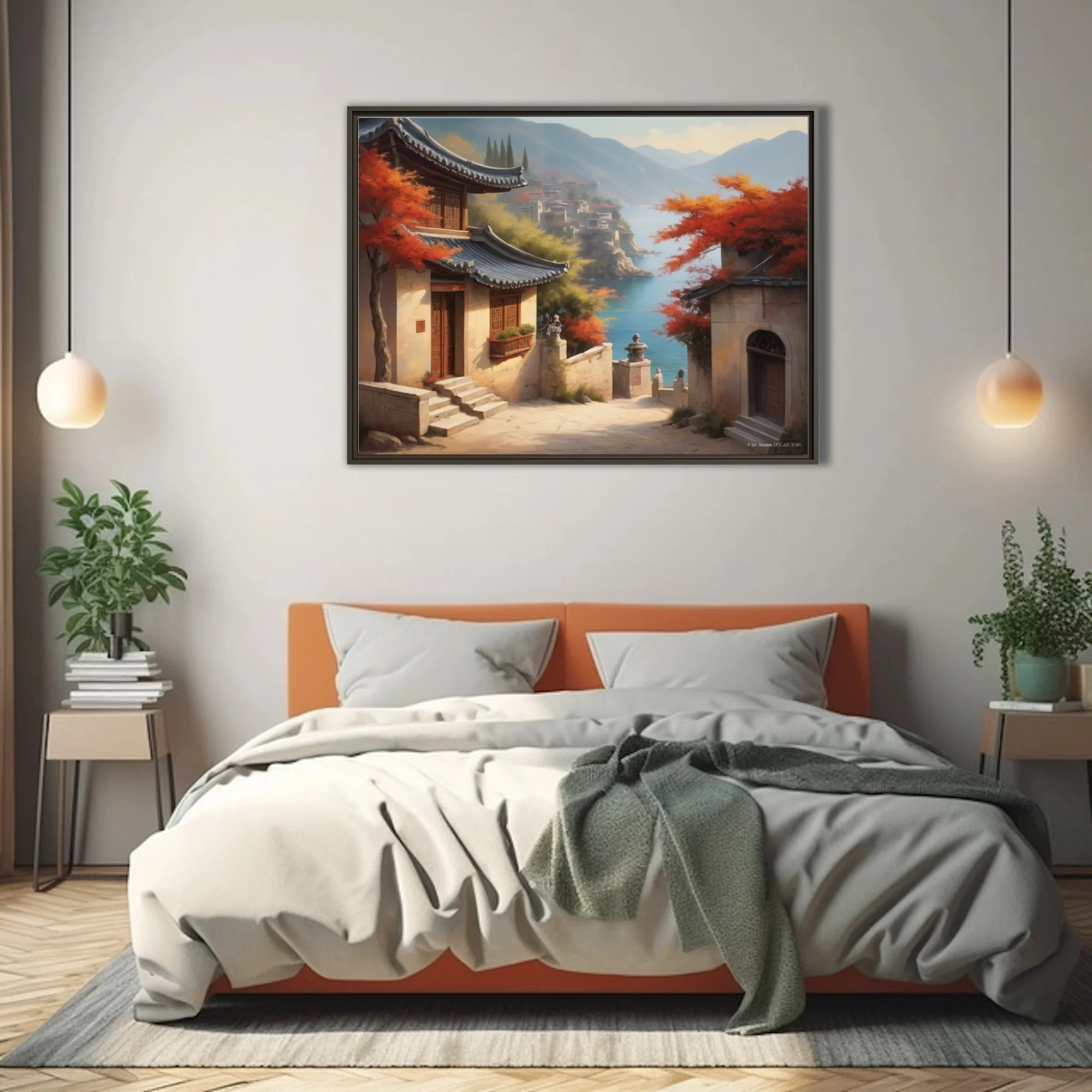 East Asian coastal village with autumn foliage and blue bay