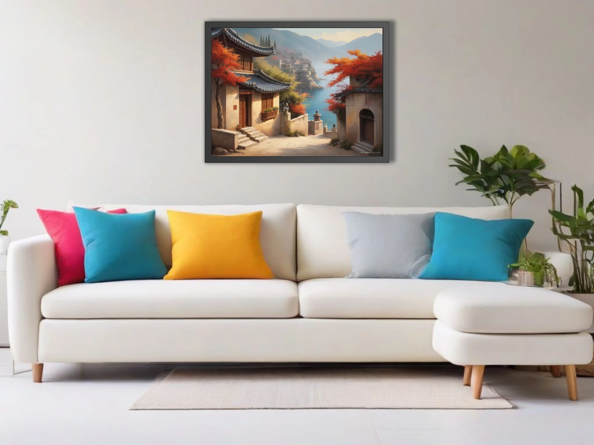 East Asian coastal village with autumn foliage and blue bay