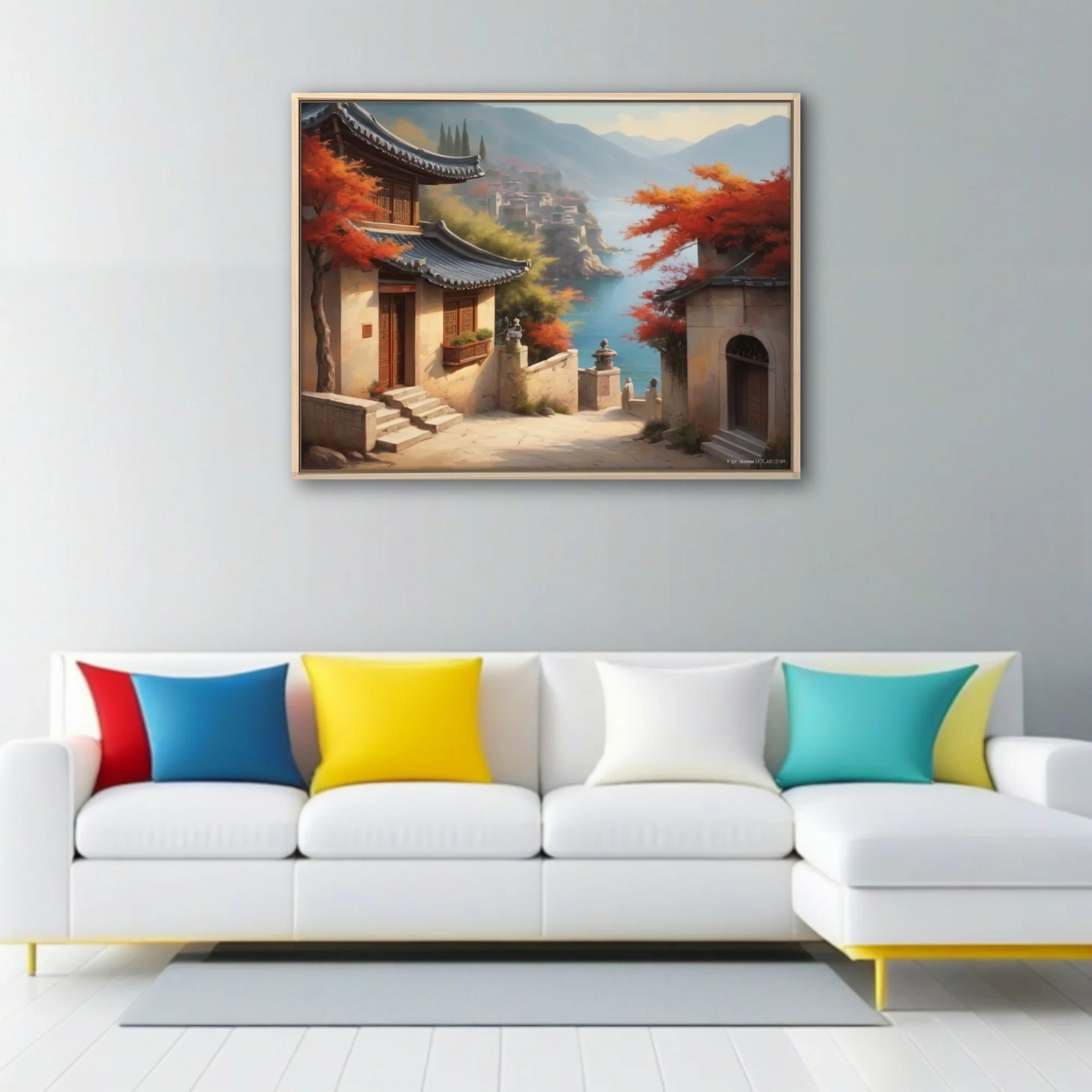 East Asian coastal village with autumn foliage and blue bay