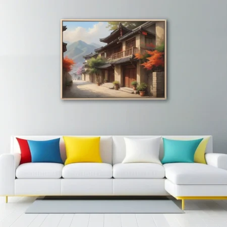 East Asian village street with autumn foliage and mountain backdrop